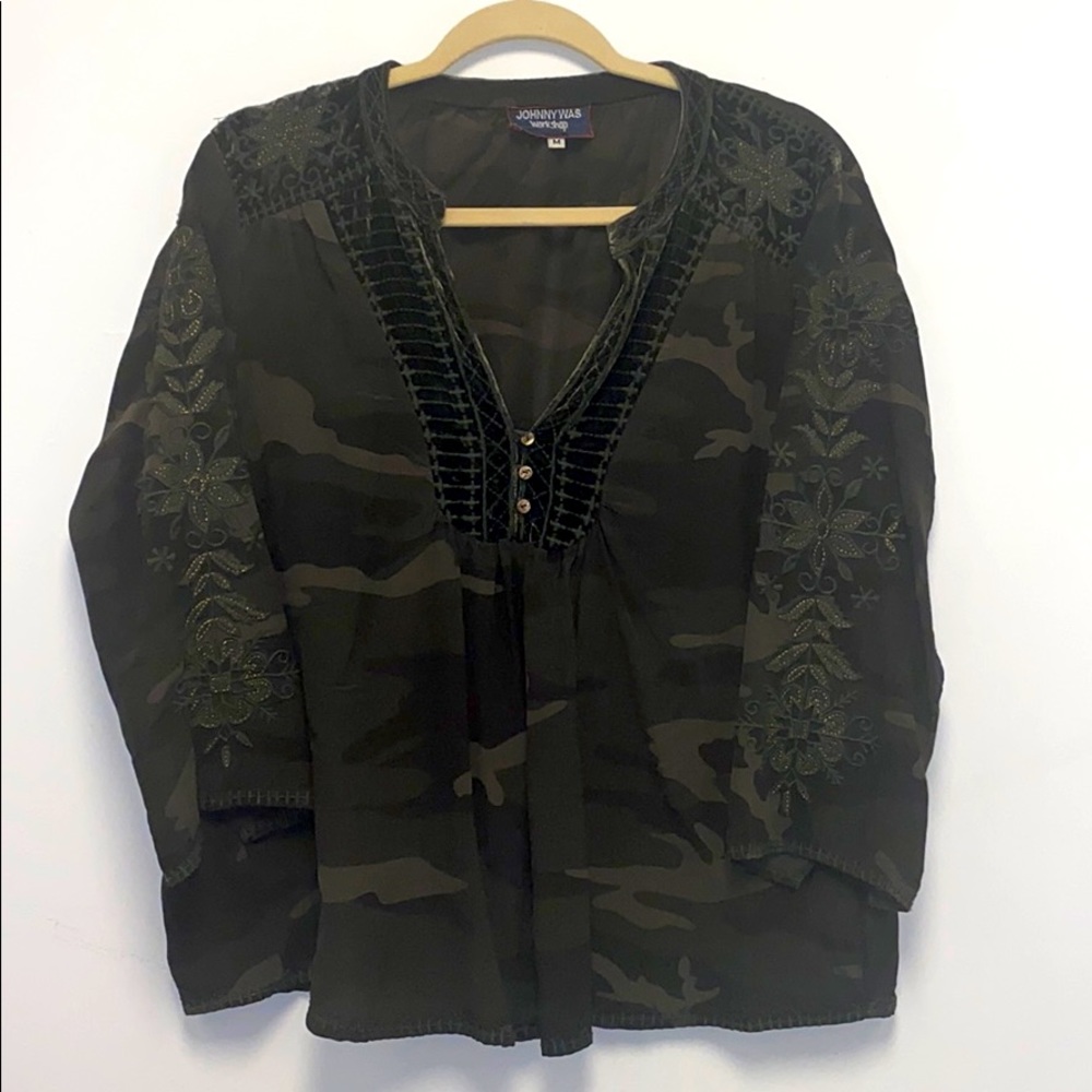 Johnny Was Hand Embroidered Camo Blouse
